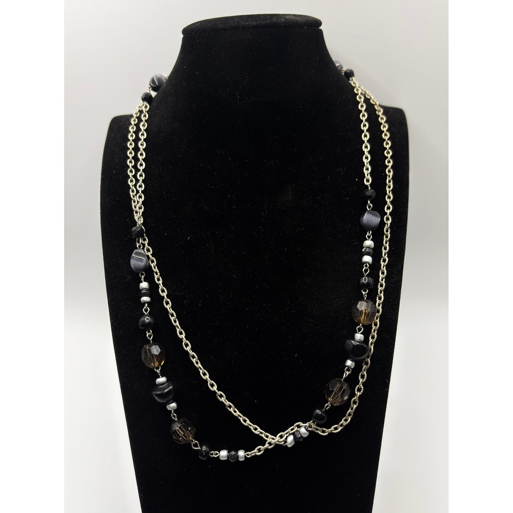 Sonoma‎ Long Beaded Necklace Womens OS Black Silver Tone Layered Look 42 Inch